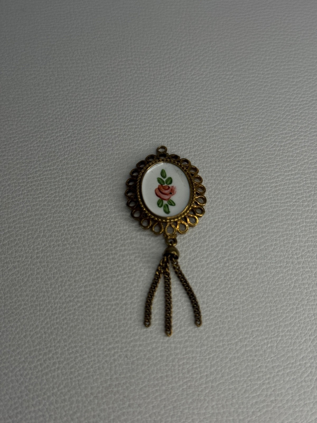 Vintage 925 Sterling Silver Gold Plated Pink Enamel Rose Pendant Length 2.5 Inch