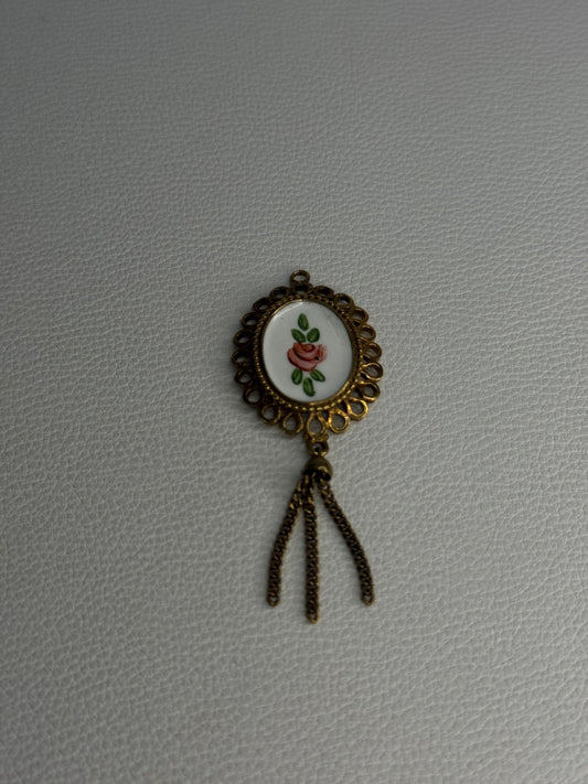 Vintage 925 Sterling Silver Gold Plated Pink Enamel Rose Pendant Length 2.5 Inch