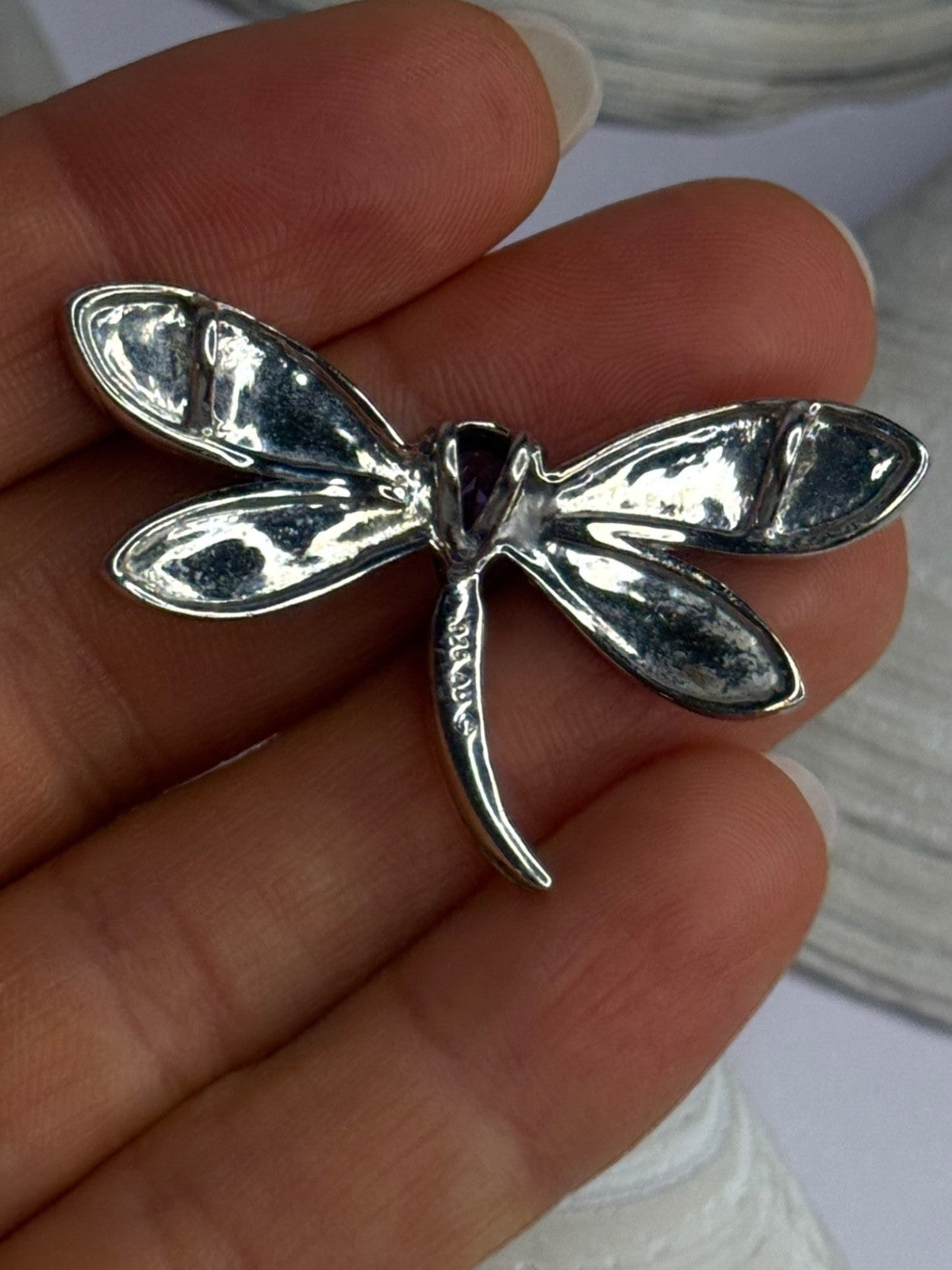 925 Sterling Silver Dragonfly Amethyst & Cz Pendant Length 1 Inch