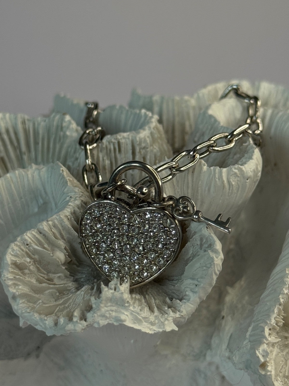 925 Sterling Silver Heart & Key CZ Bracelet Length 7.5
