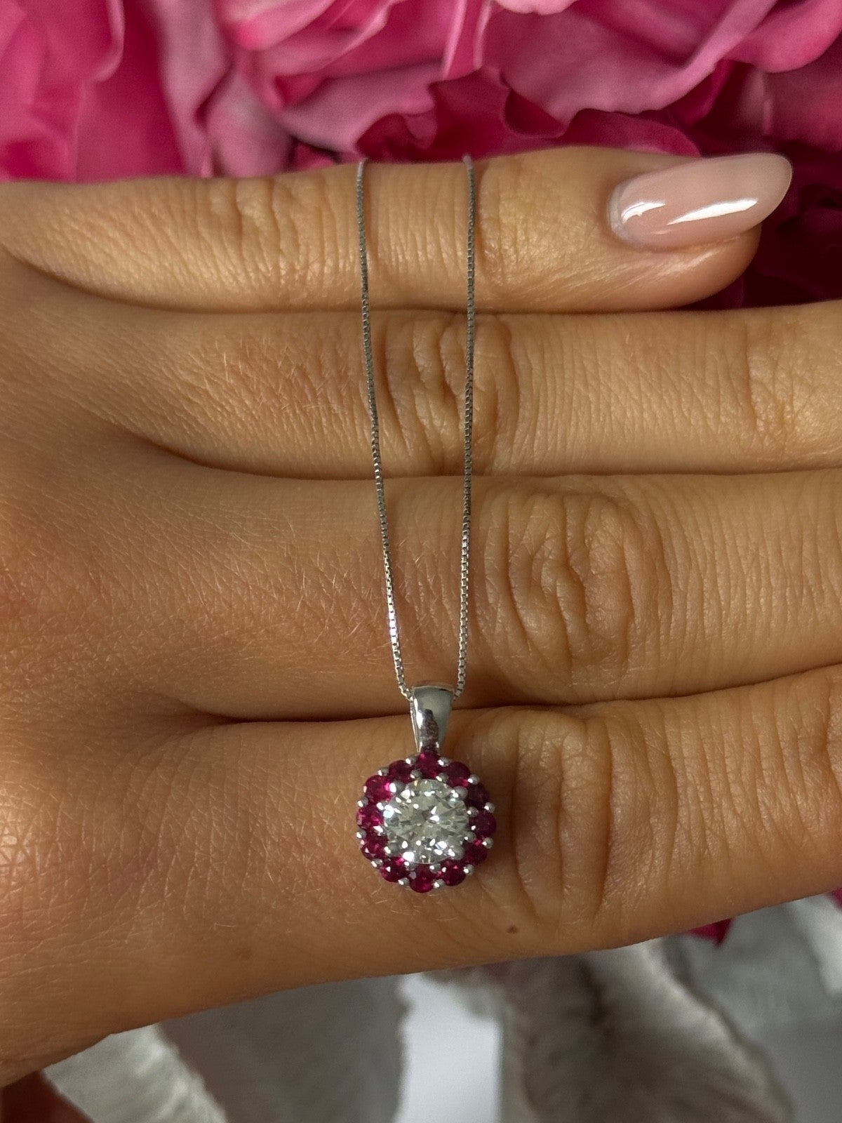 14K White Gold Diamond & Ruby Flower Necklace Length 18 inch