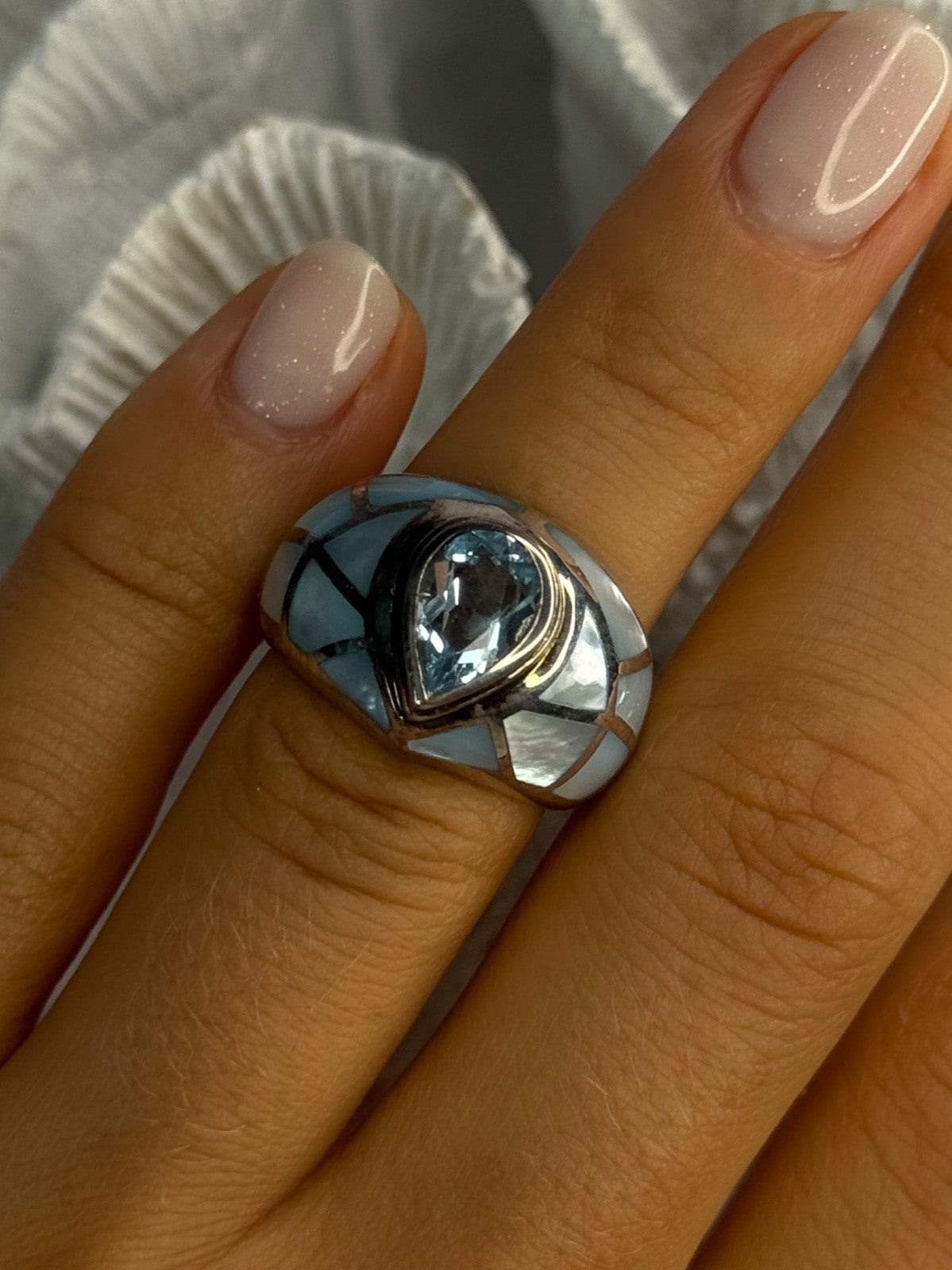 925 Sterling Silver Beautiful Blue Abalone & Topaz Ring Size 6