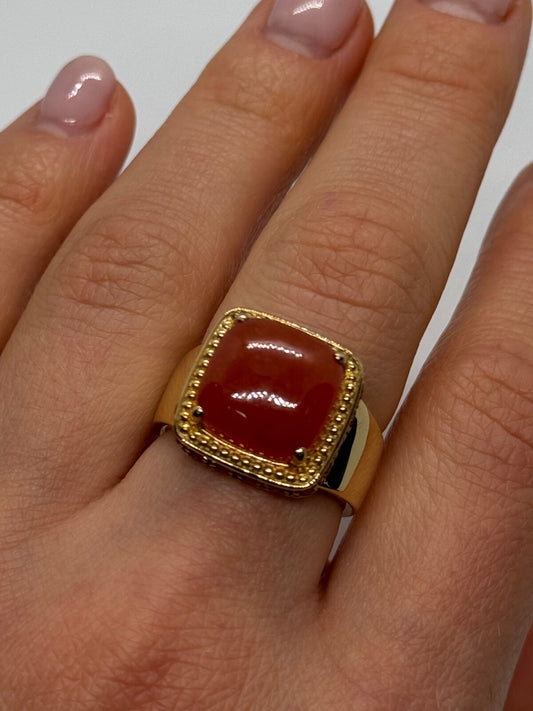 925 Sterling Silver Gold Plated Amber & RED Spinel Ring Size 7.5