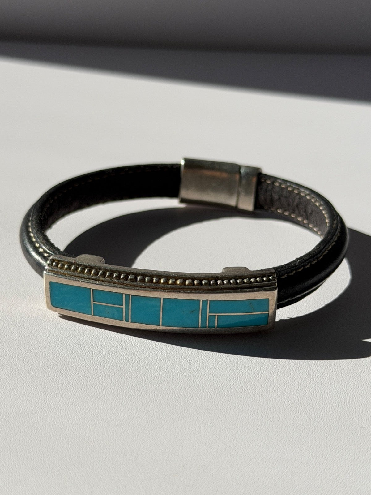 Leather & 925 Sterling Silver Turquoise Bracelet