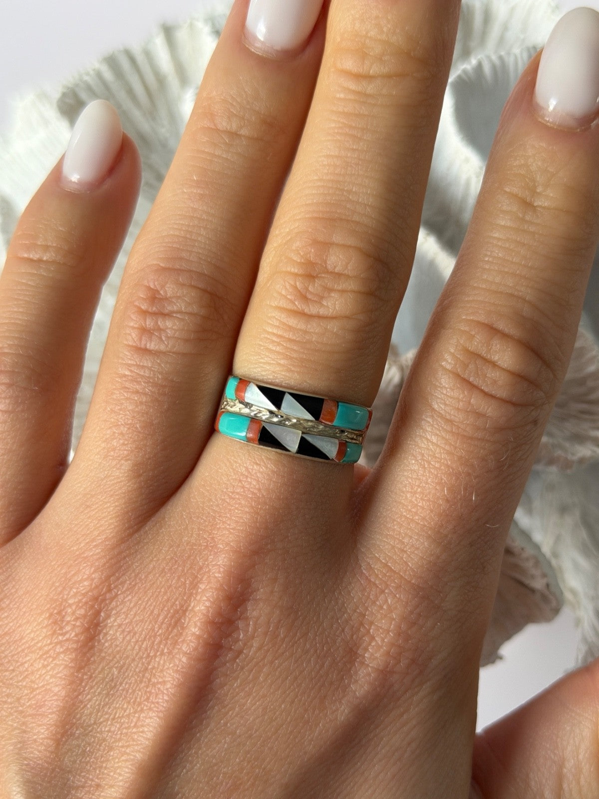 Zuni 925 Sterling Silver Multi-Stone Ring Size 8