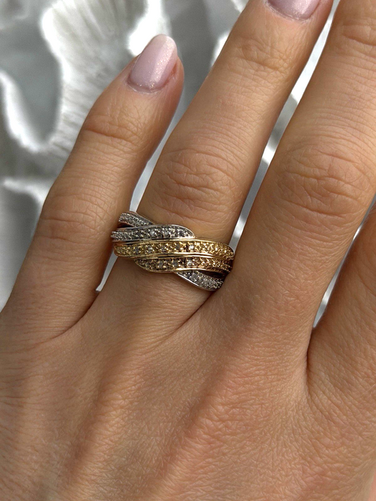 3 Colors  925 Sterling Silver Yellow & Rose Gold Plated White Topaz Ring Size 7
