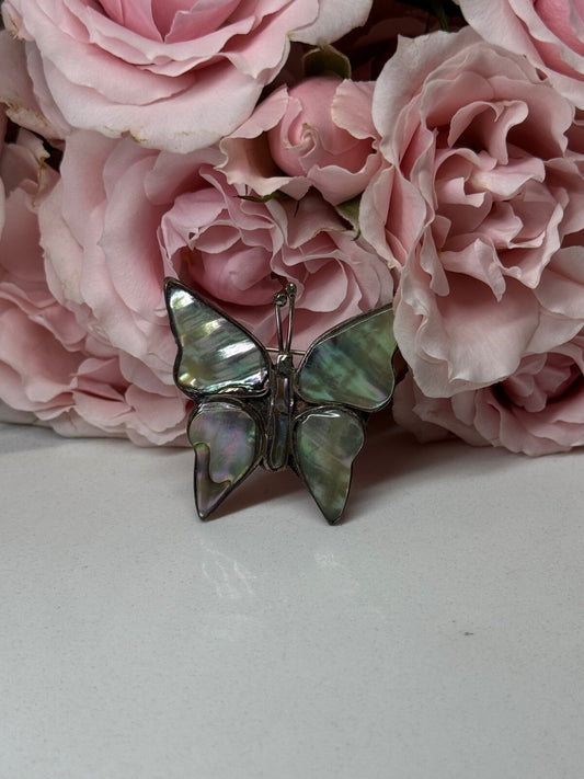 925 Sterling Silver Abalone Brooch Butterfly Length 1.5 In