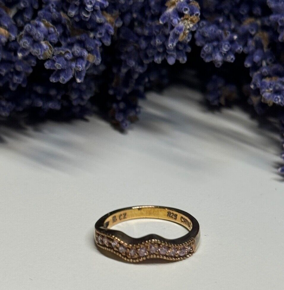 925 Sterling Silver Gold Plated Pink CZ Ring Size 6