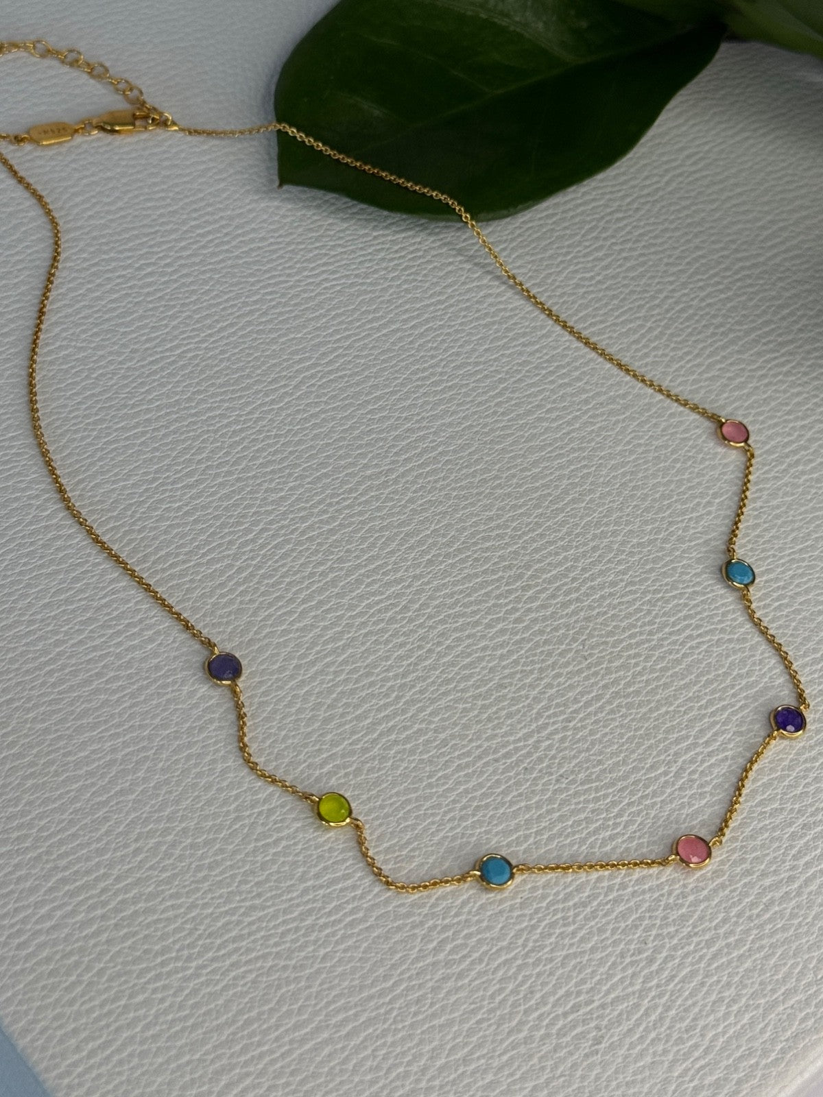 925 Sterling Silver Gold Plated Gemstones Necklace Length 15/16.5 Inch