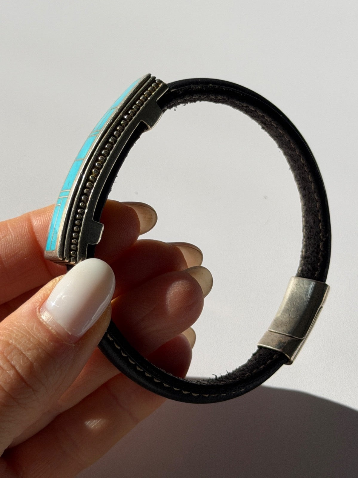 Leather & 925 Sterling Silver Turquoise Bracelet