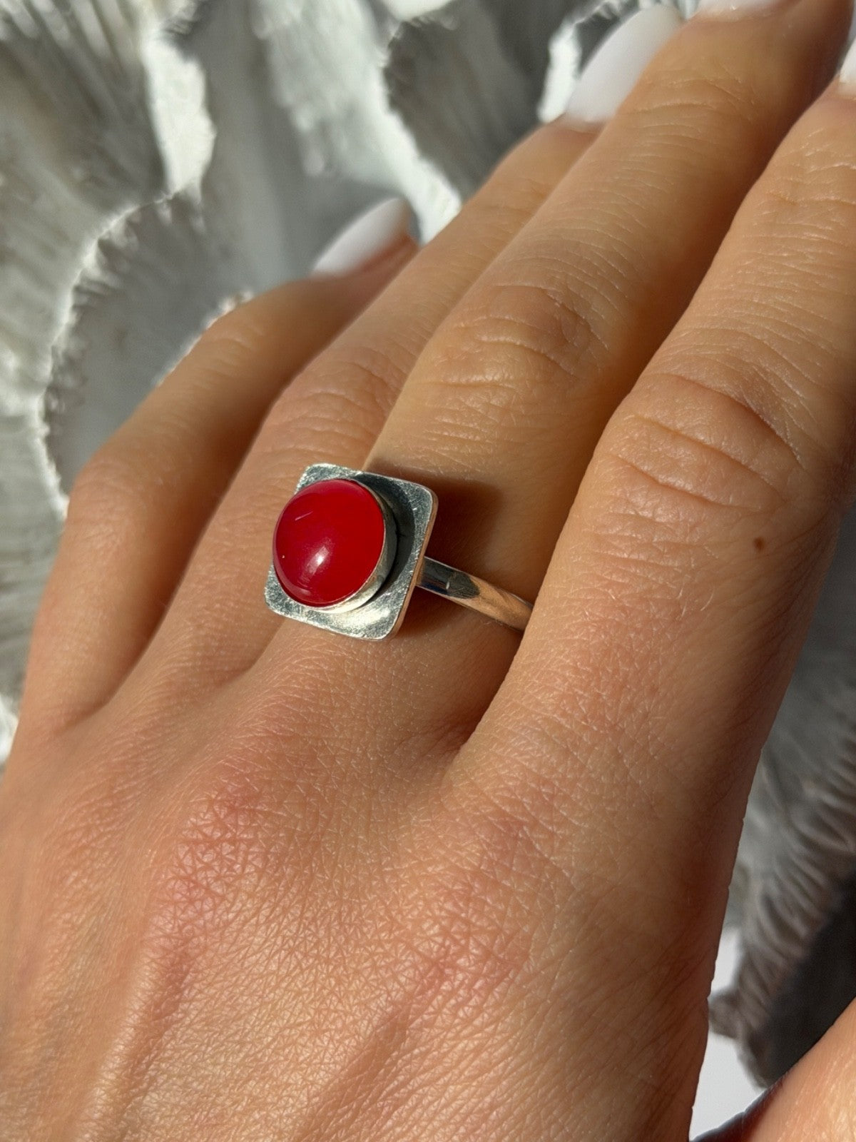 Vintage 925 Sterling Silver Red Coral Ring Size 8