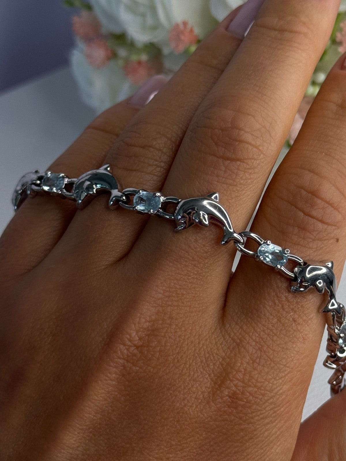 925 Sterling Silver Topaz Dolphin Bracelet Length 7.5