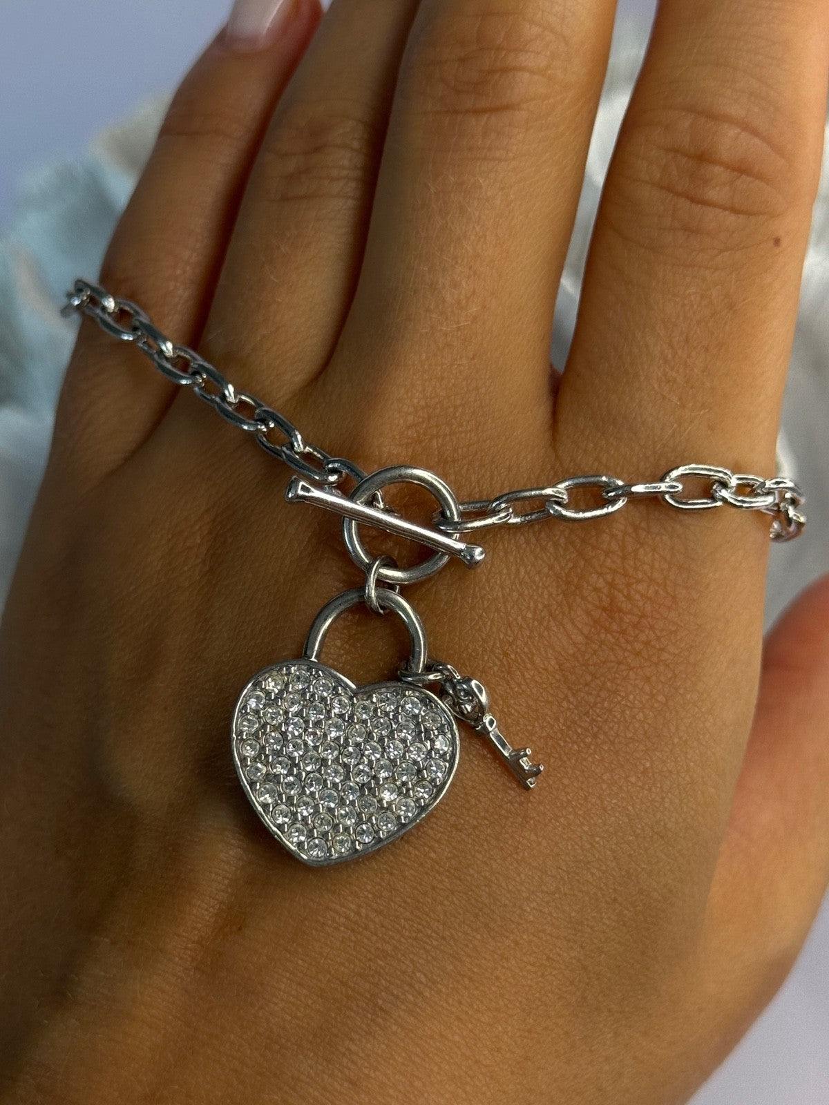 925 Sterling Silver Heart & Key CZ Bracelet Length 7.5