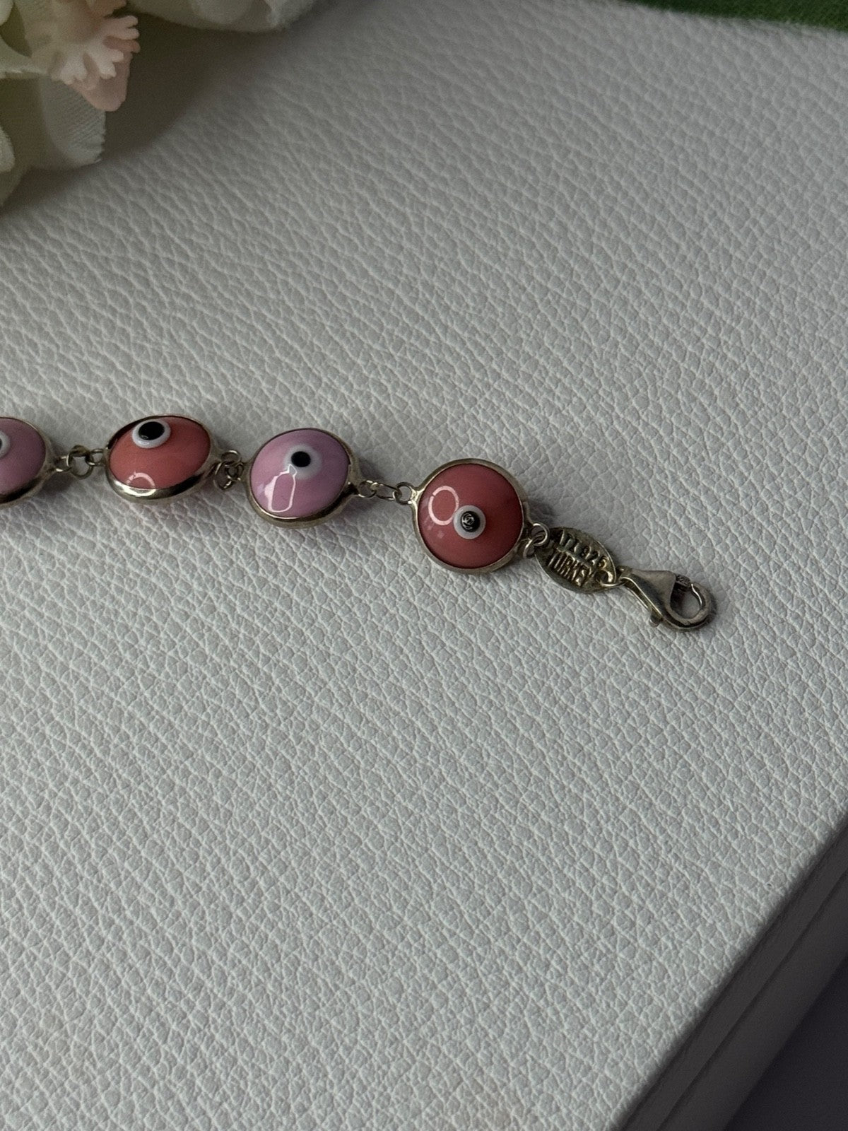 Ati 925 Sterling Silver Pink Evil Eye Bracelet Length 7 Inch
