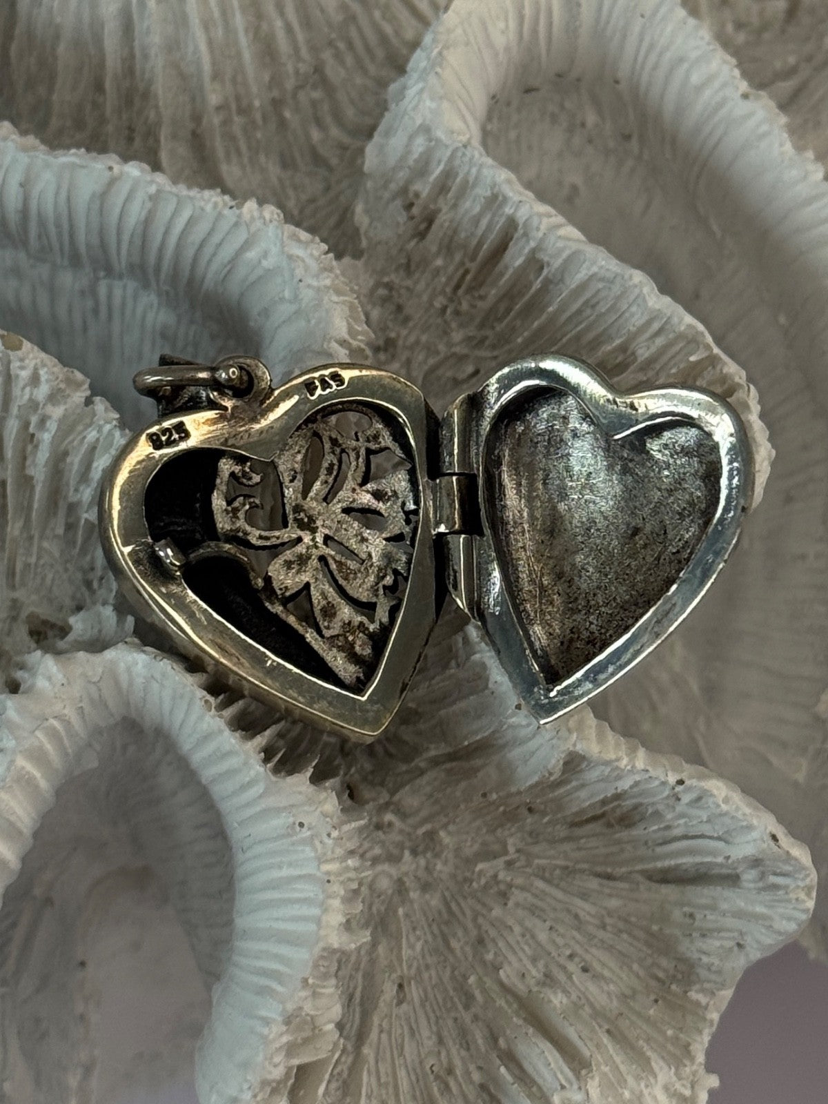 Vintage 925 Sterling Silver Onyx & Marcasite Heart Locket Pendant