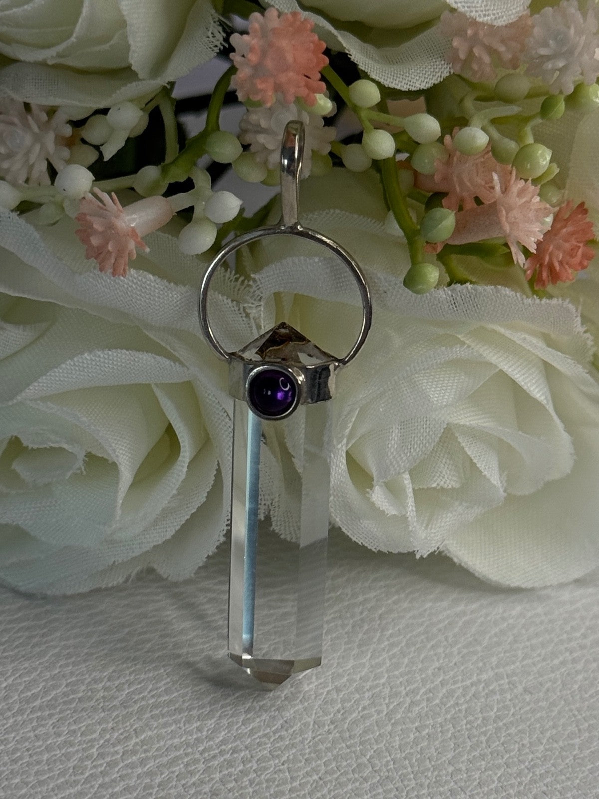 925 Sterling Silver Clear Quartz & Amethyst Pendant Length 2 Inch