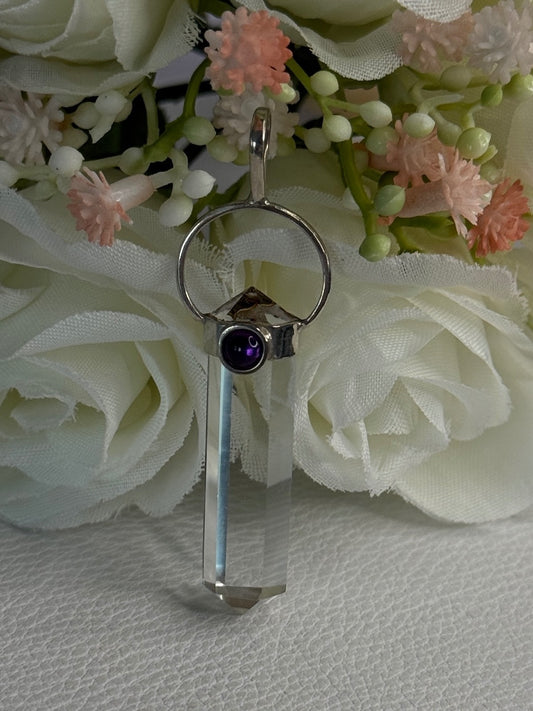 925 Sterling Silver Clear Quartz & Amethyst Pendant Length 2 Inch