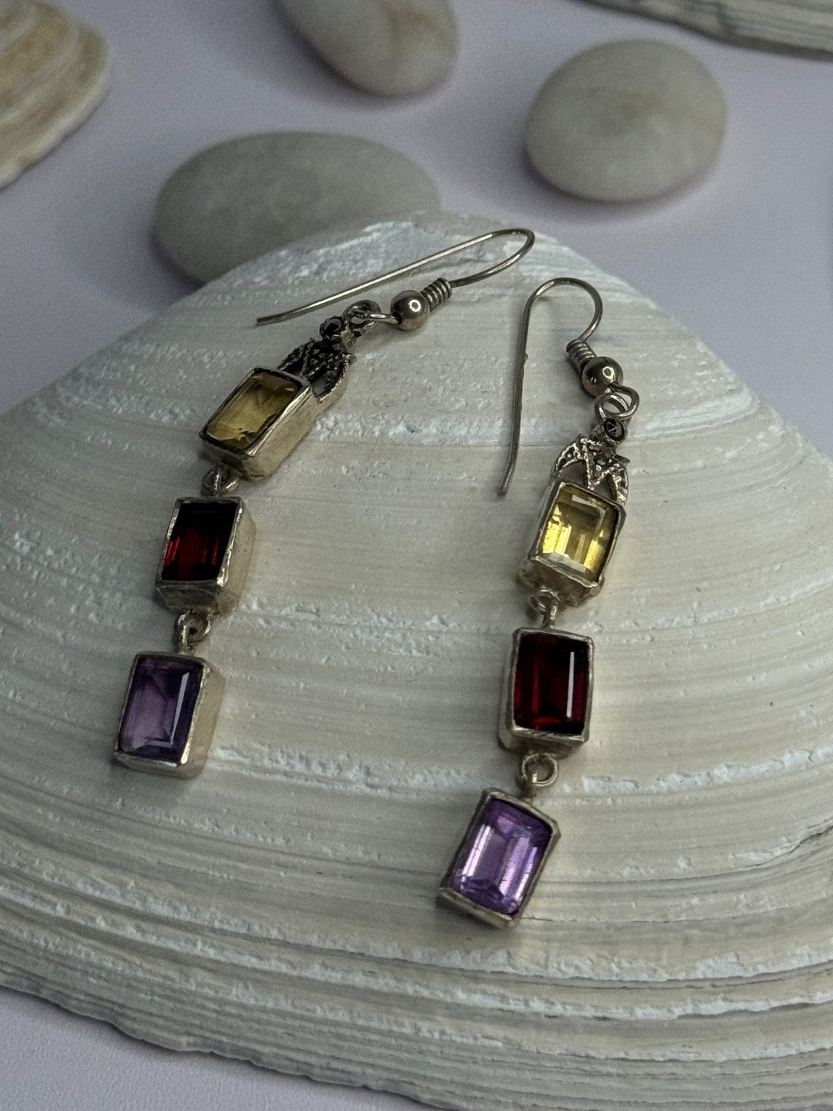 925 Sterling Silver Amethyst & Garnet & Citrine Earrings Length 2.30 Inch