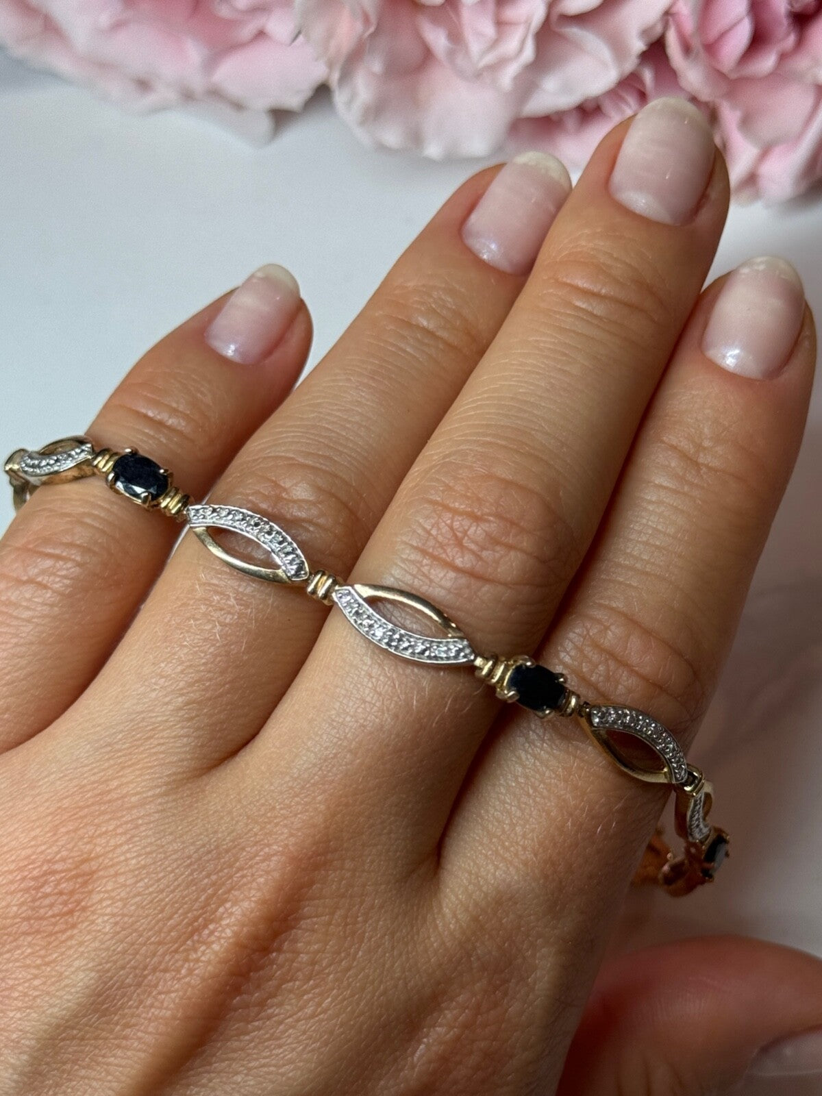 925 Sterling Silver Gold Plated Sapphire Bracelet Length 7.5 in