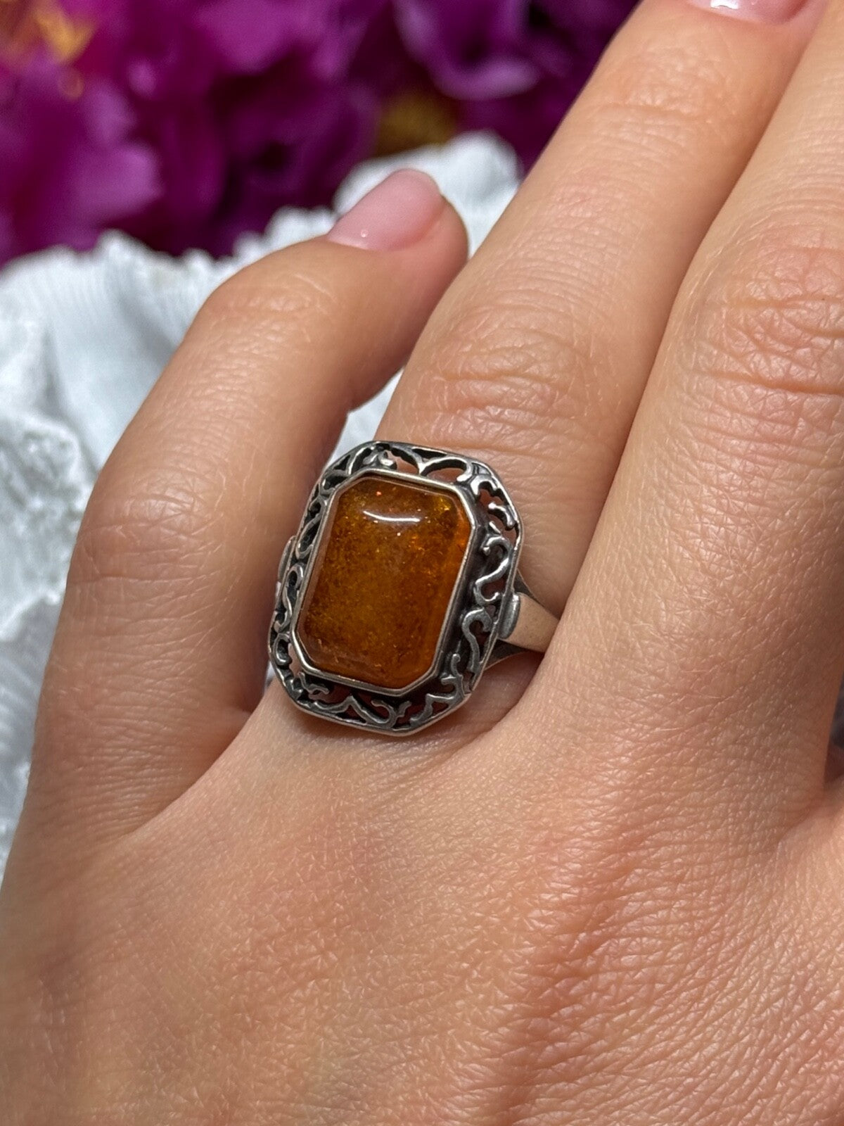 925 Sterling Silver Amber Ring Size 5
