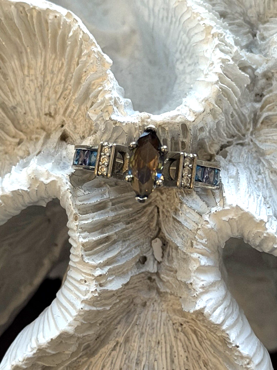 925 Sterling Silver Mystic Topaz & Blue Topaz & Amethyst Ring Size 6