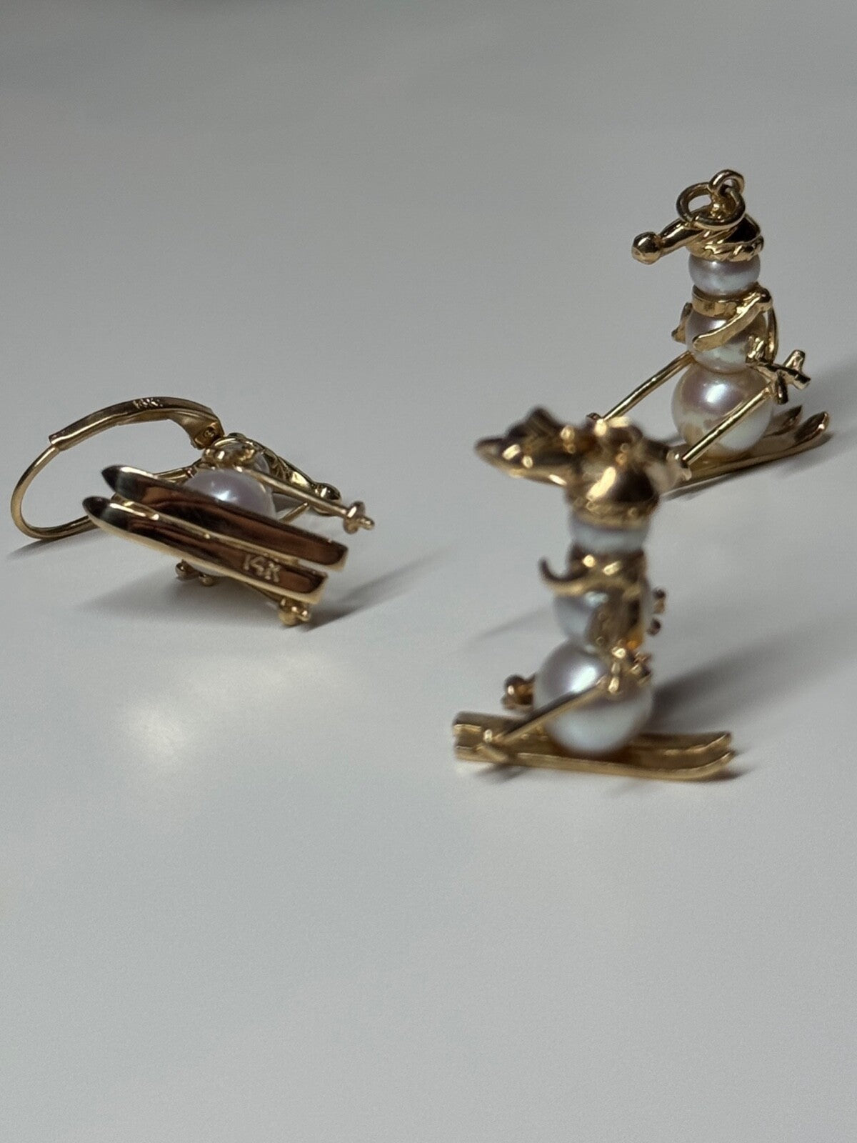 14K Yellow Gold Pearls Earrings & Pendant Skiing Snowmens ON Skis