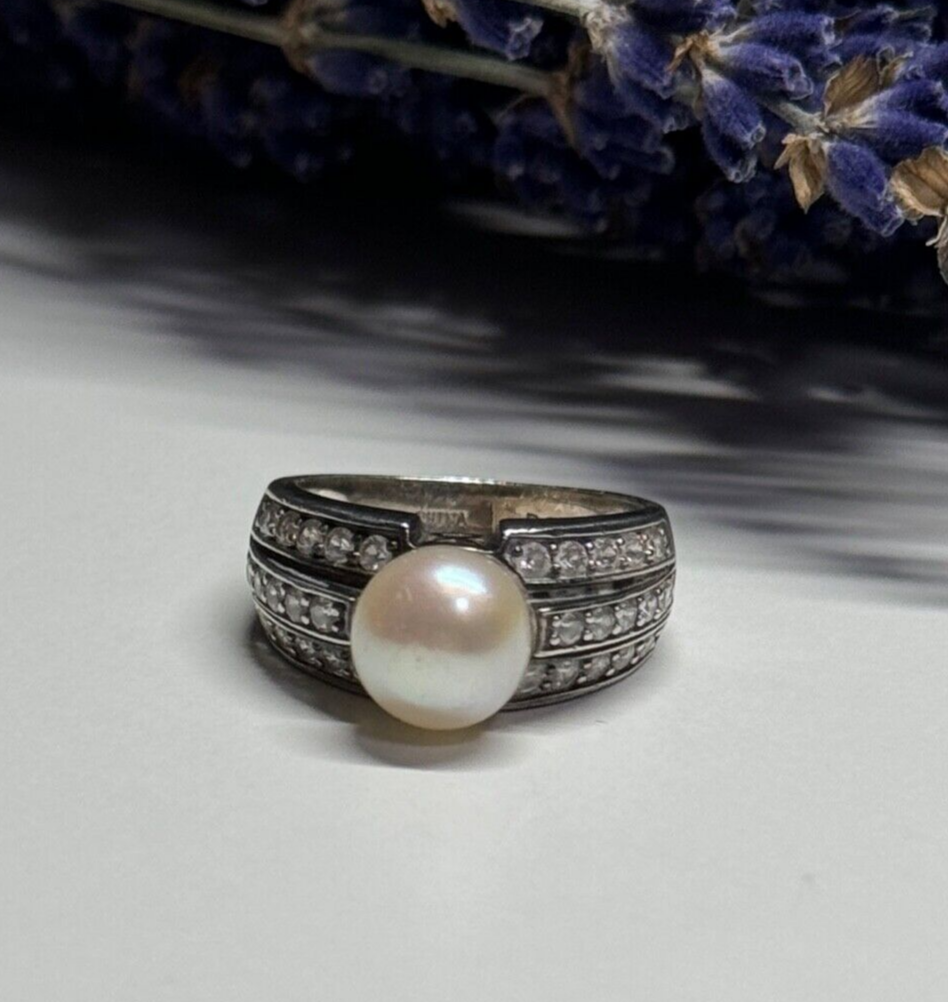 925 Sterling Silver Pearl & CZ Ring Size 5