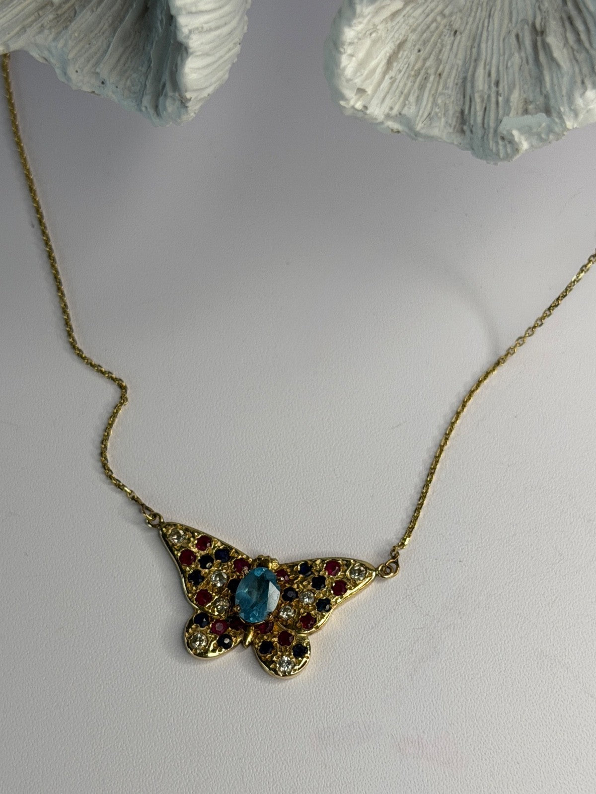 14K Yellow Gold Topaz Ruby Sapphire Diamond Necklace Butterfly