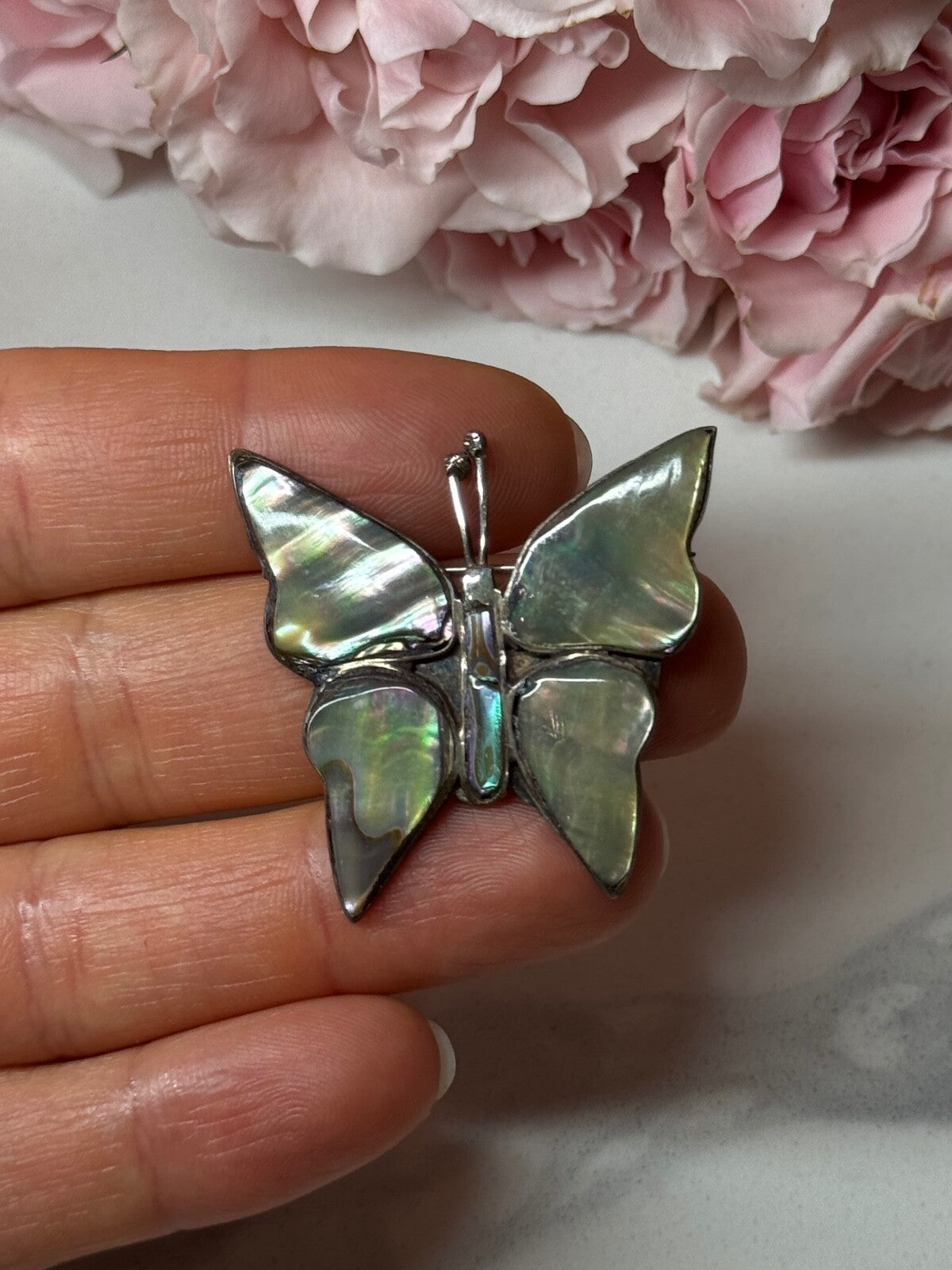 925 Sterling Silver Abalone Brooch Butterfly Length 1.5 In