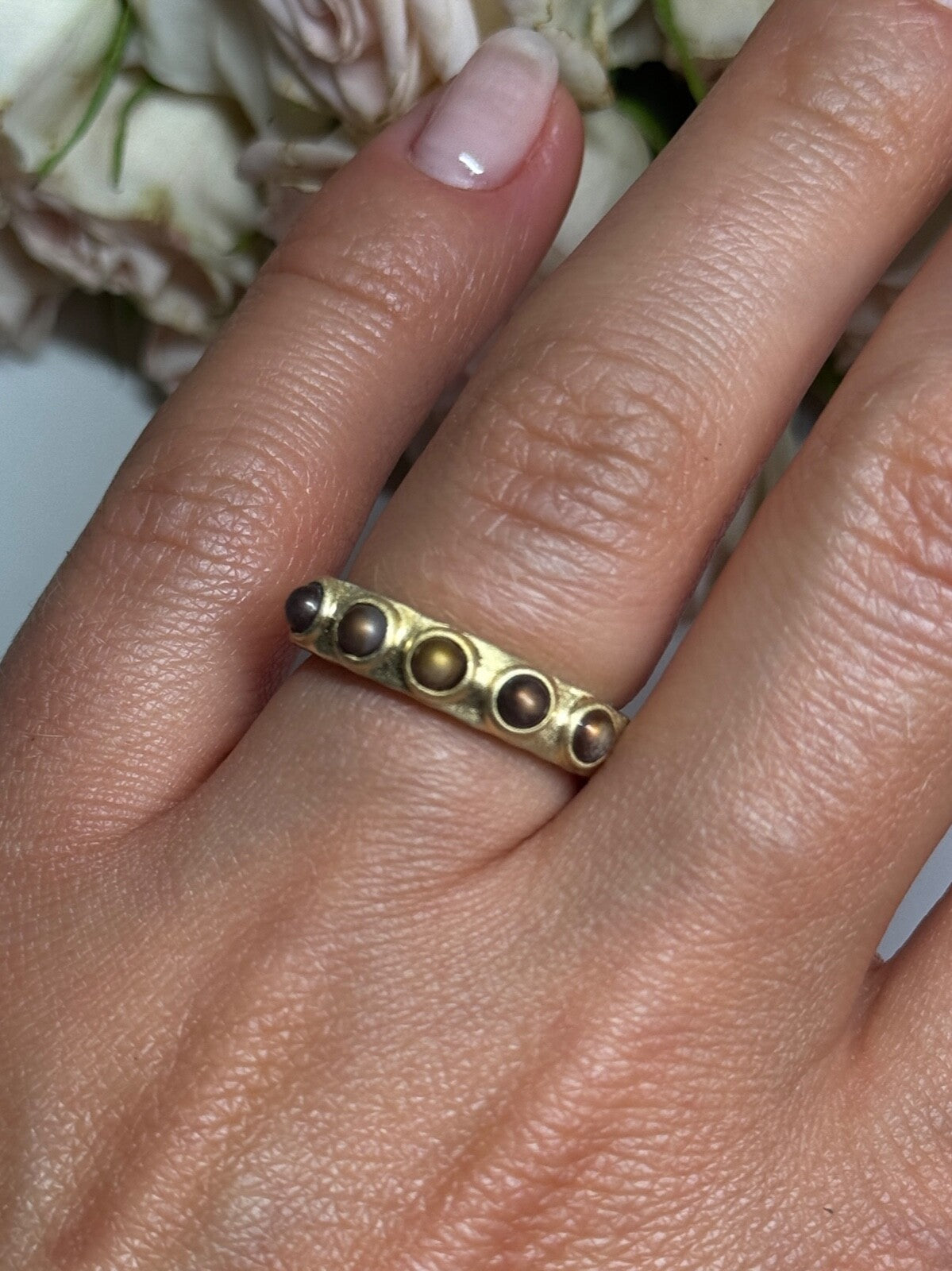 925 Sterling Silver Gold Plated Pearls Ring Size 6