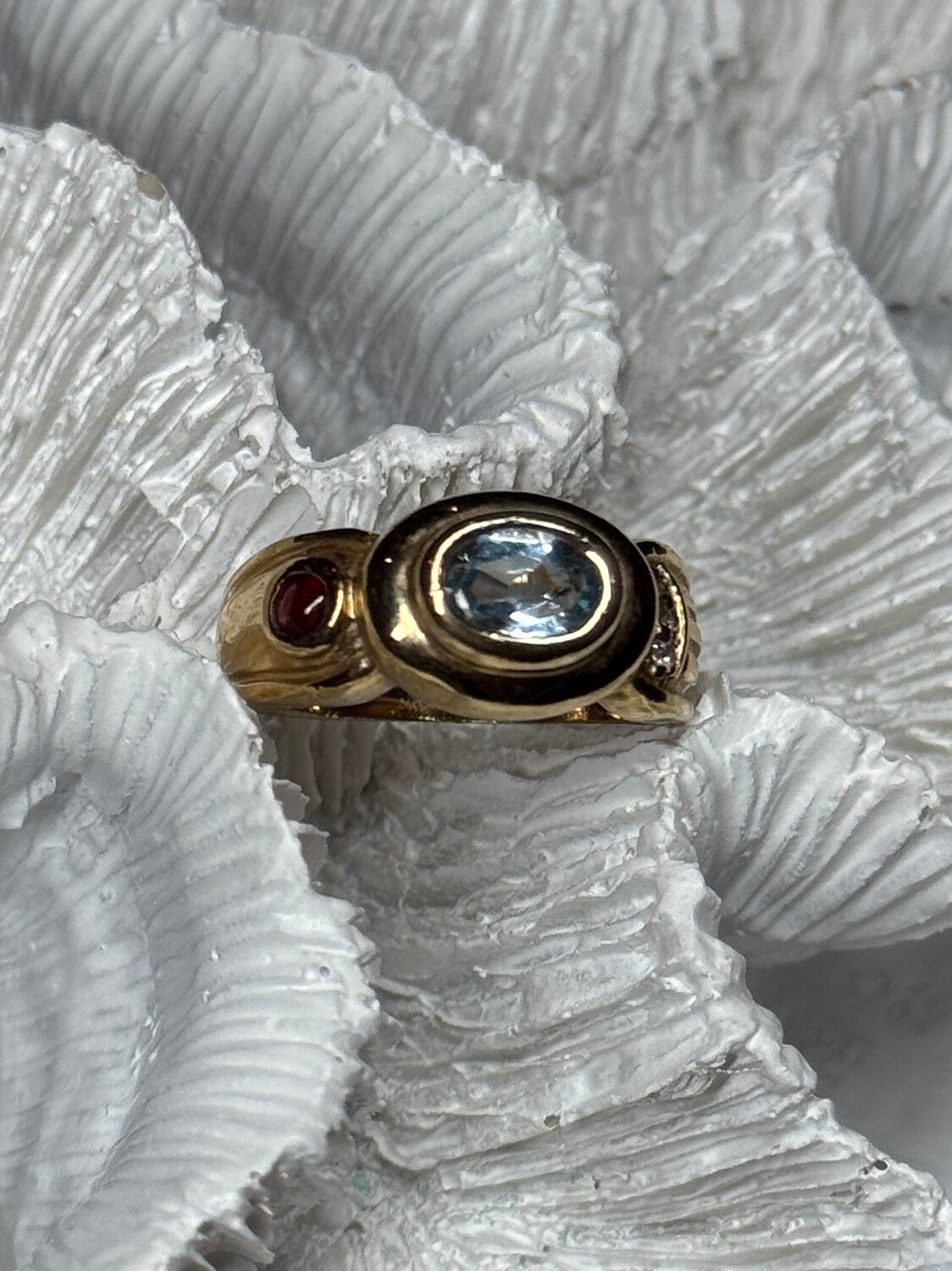 925 Sterling Silver Gold Plated Aquamarine, Garnet & CZ Ring Size 4