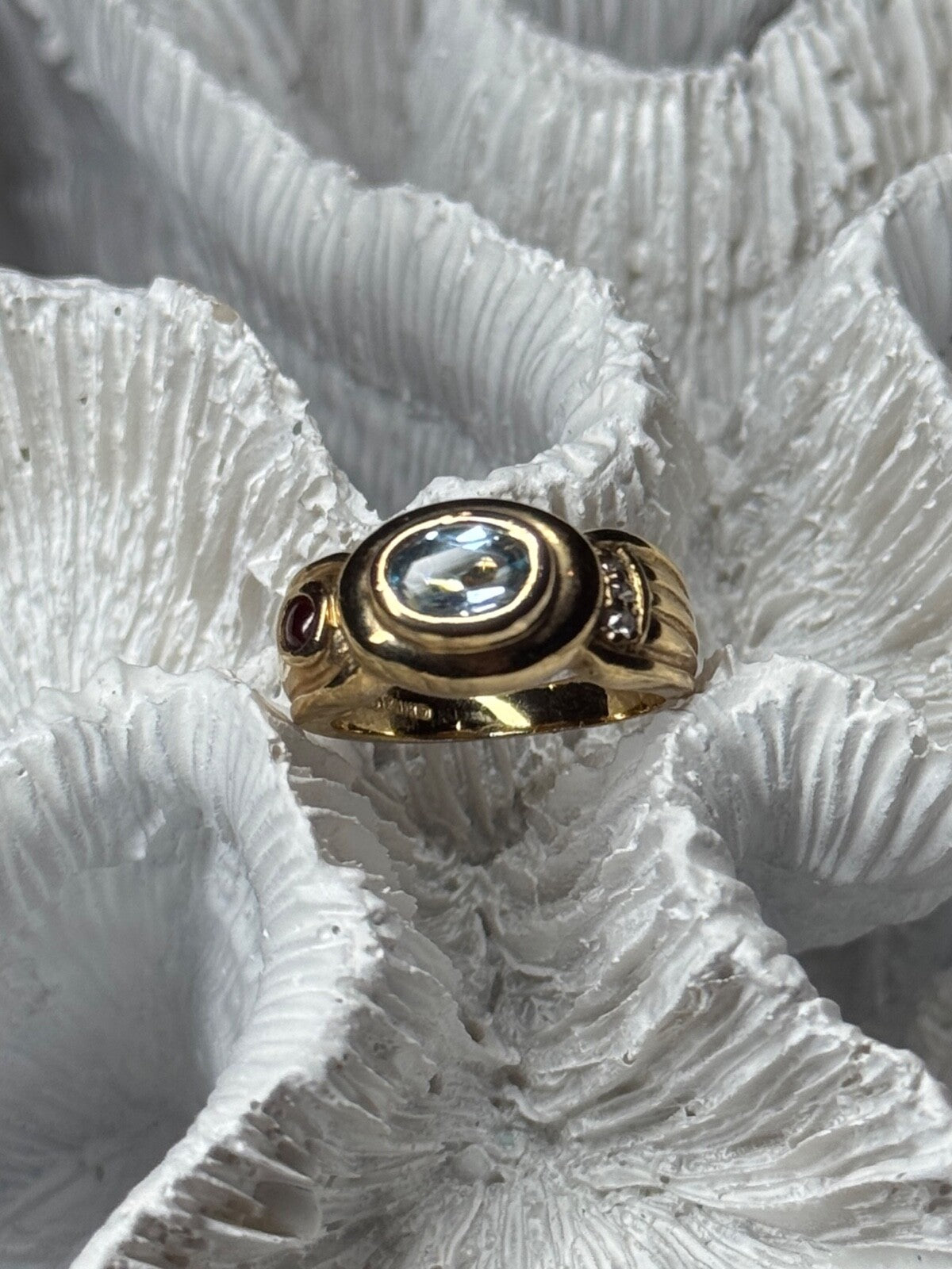 925 Sterling Silver Gold Plated Aquamarine, Garnet & CZ Ring Size 4