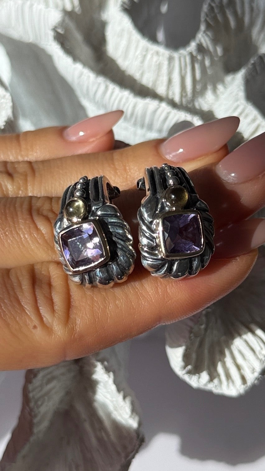 925 Sterling Silver Amethyst & Amber Clip Earrings