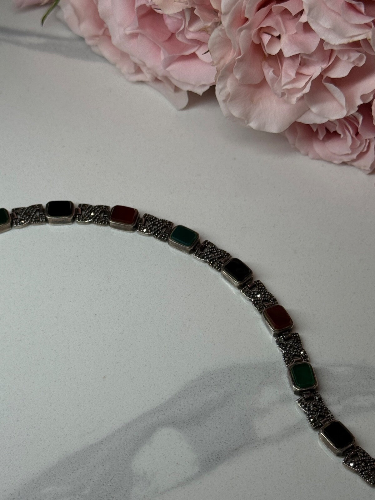 925 Sterling Silver Nephrite & Marcasite Bracelet Length 7.5 Inch