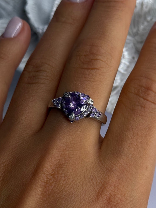 925 Sterling Silver Amethyst & Diamond Heart Ring Size 8.5