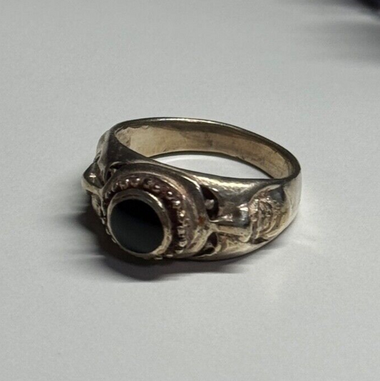 Vintage 925 Sterling Silver Black Enamel Face Ring Size 8