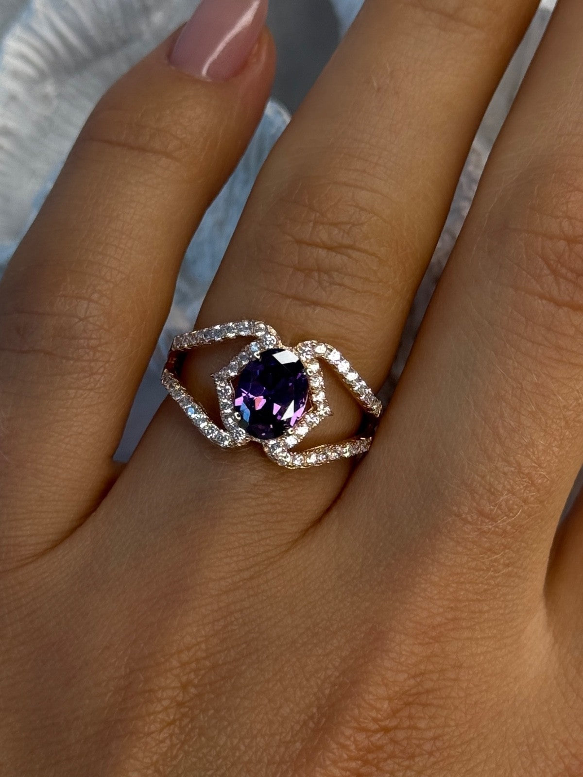 Rose Gold Plated 925 Sterling Silver Amethyst & Cz Ring Size 6