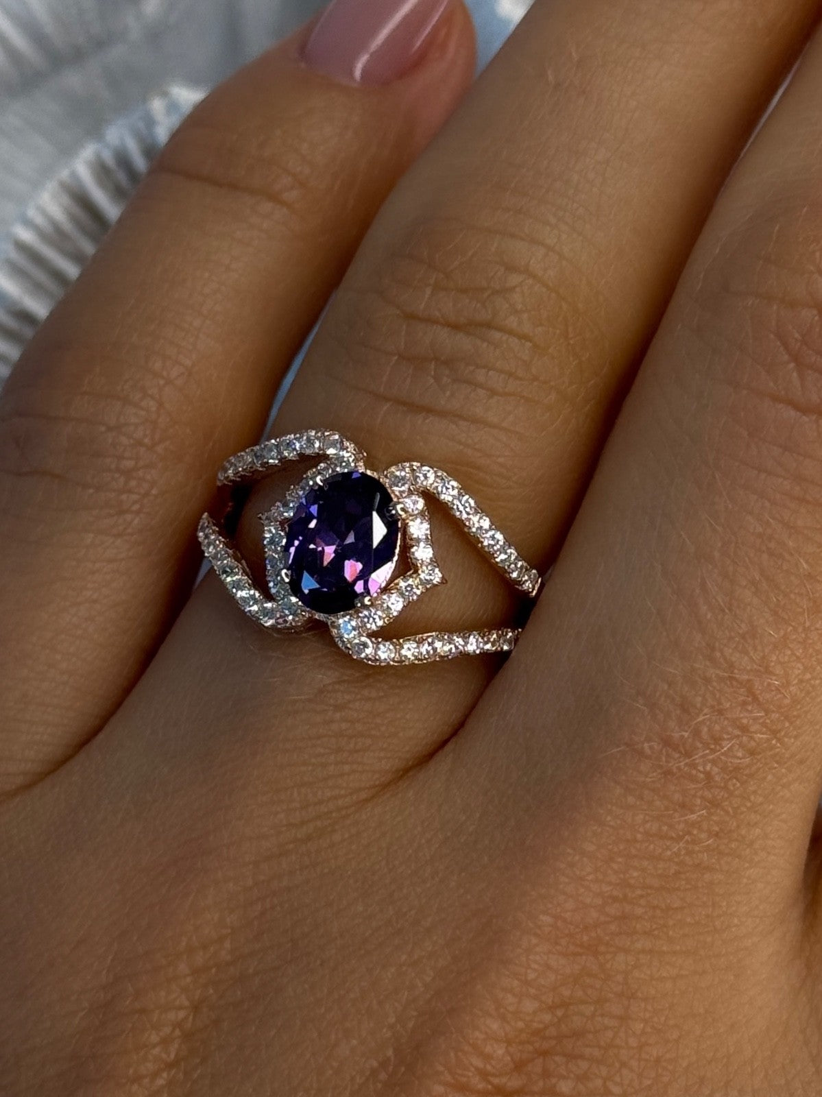 Rose Gold Plated 925 Sterling Silver Amethyst & Cz Ring Size 6