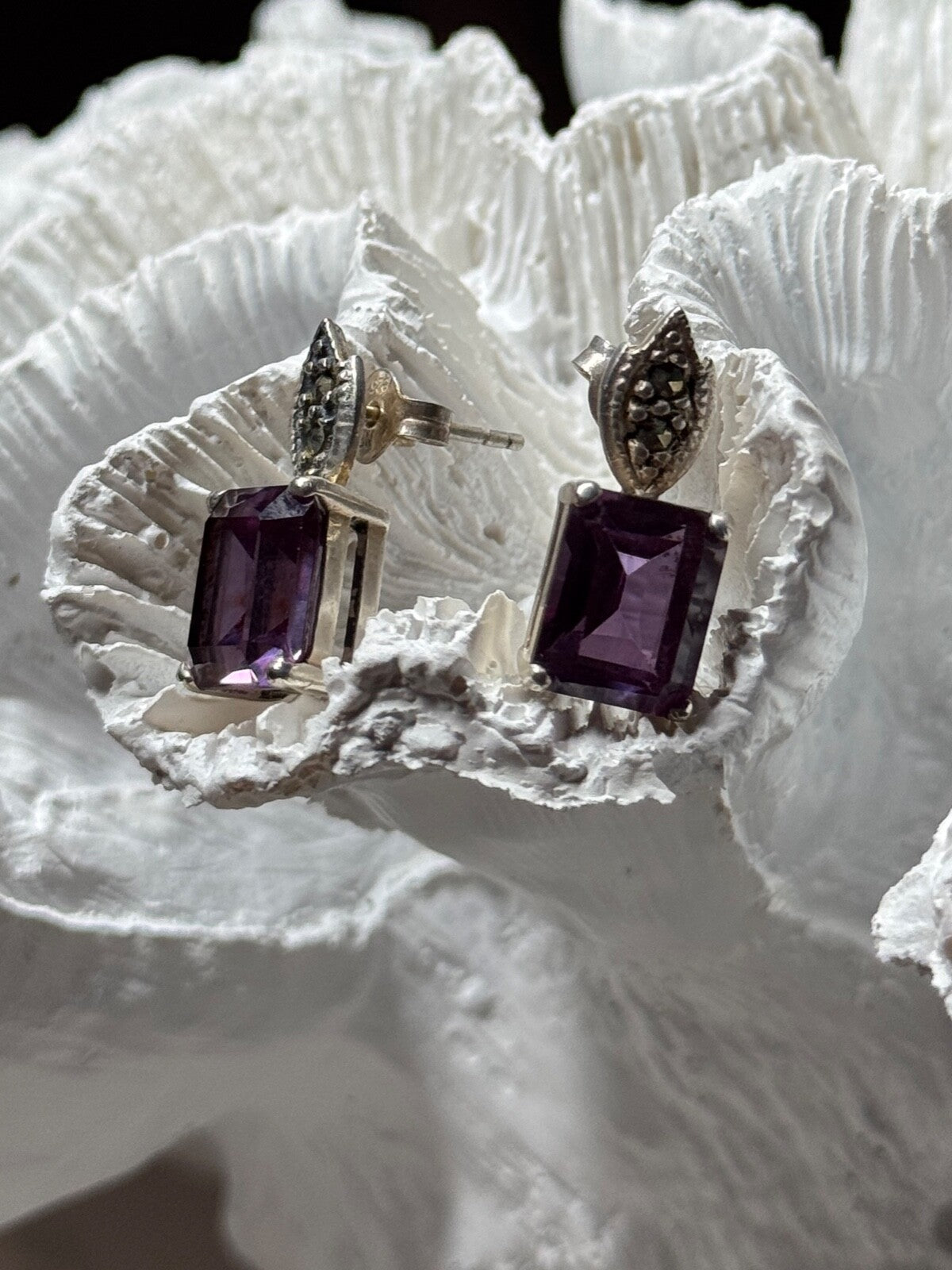 925 Sterling Silver Tourmaline & Marcasite Earrings Length 0.7 Inch