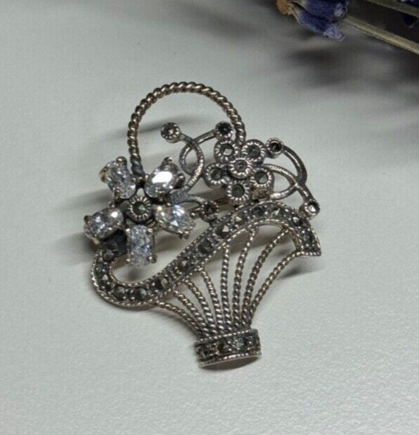 925 Sterling Silver CZ & Marcasites Flowers Brooch