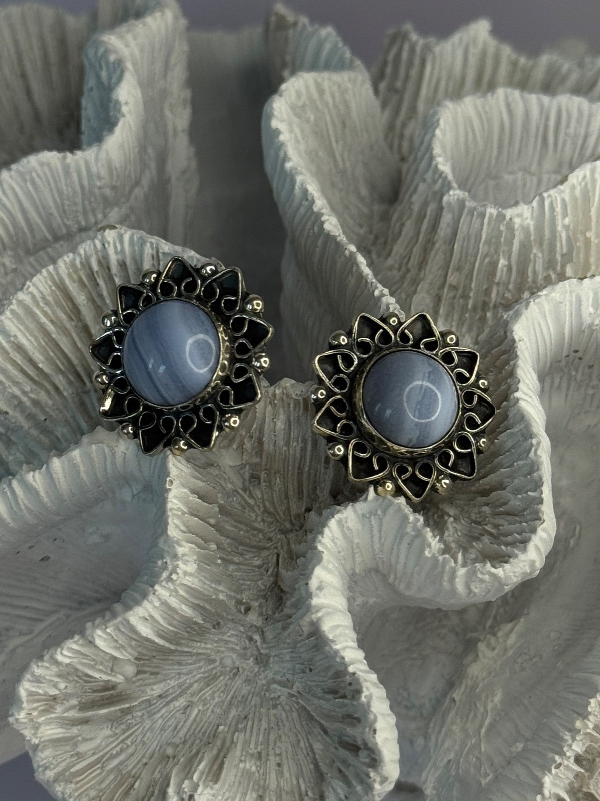 925 Sterling Silver Blue Agate Sun Earrings Length 0.90 Inch