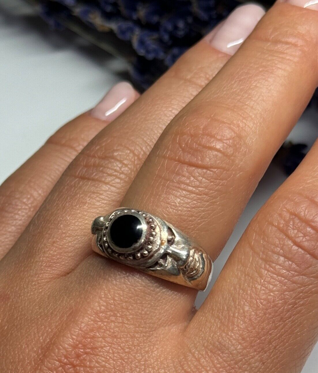 Vintage 925 Sterling Silver Black Enamel Face Ring Size 8