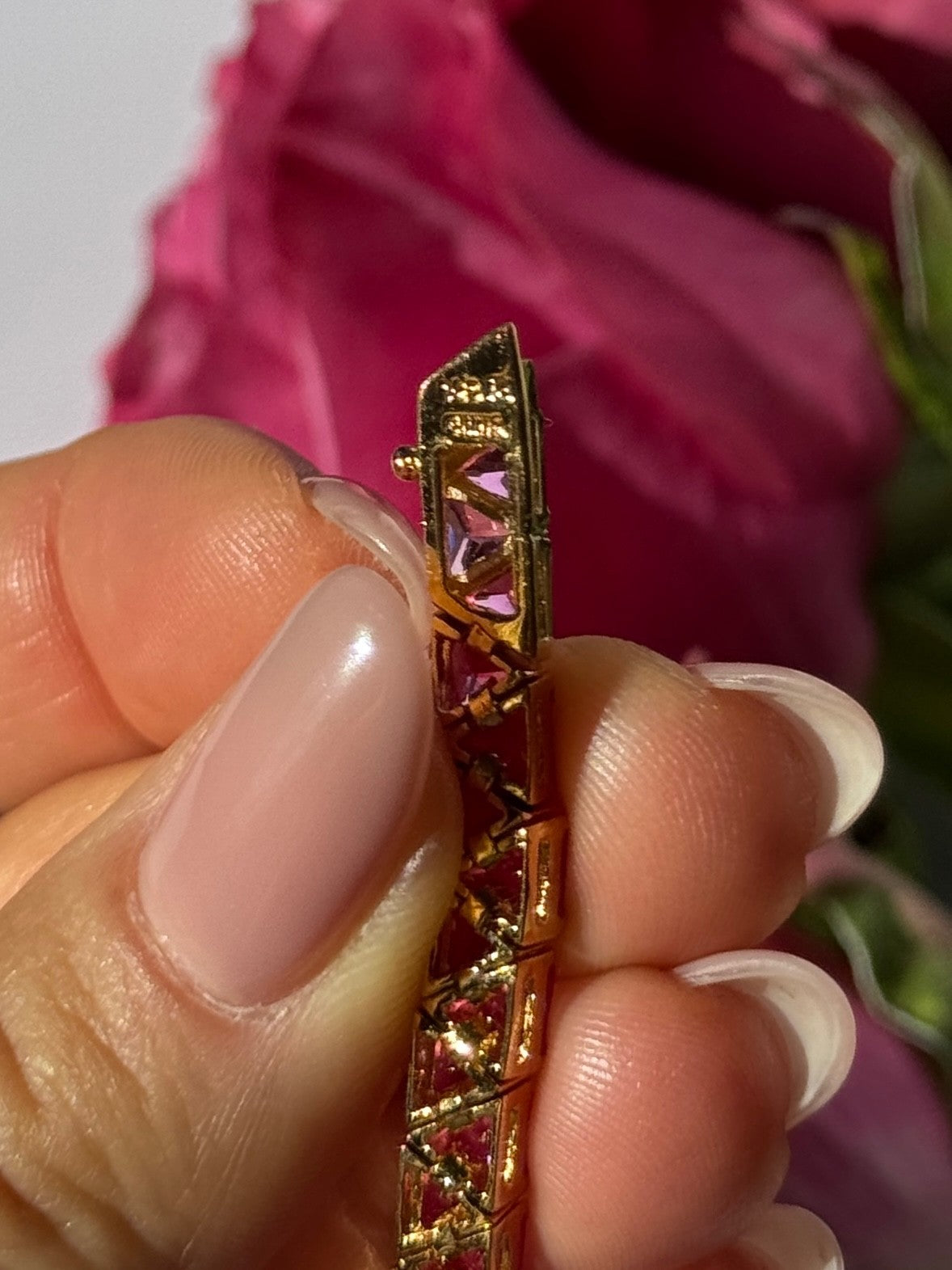 925 Sterling Silver Gold Plated Pink Topaz Bracelet 7 Inch