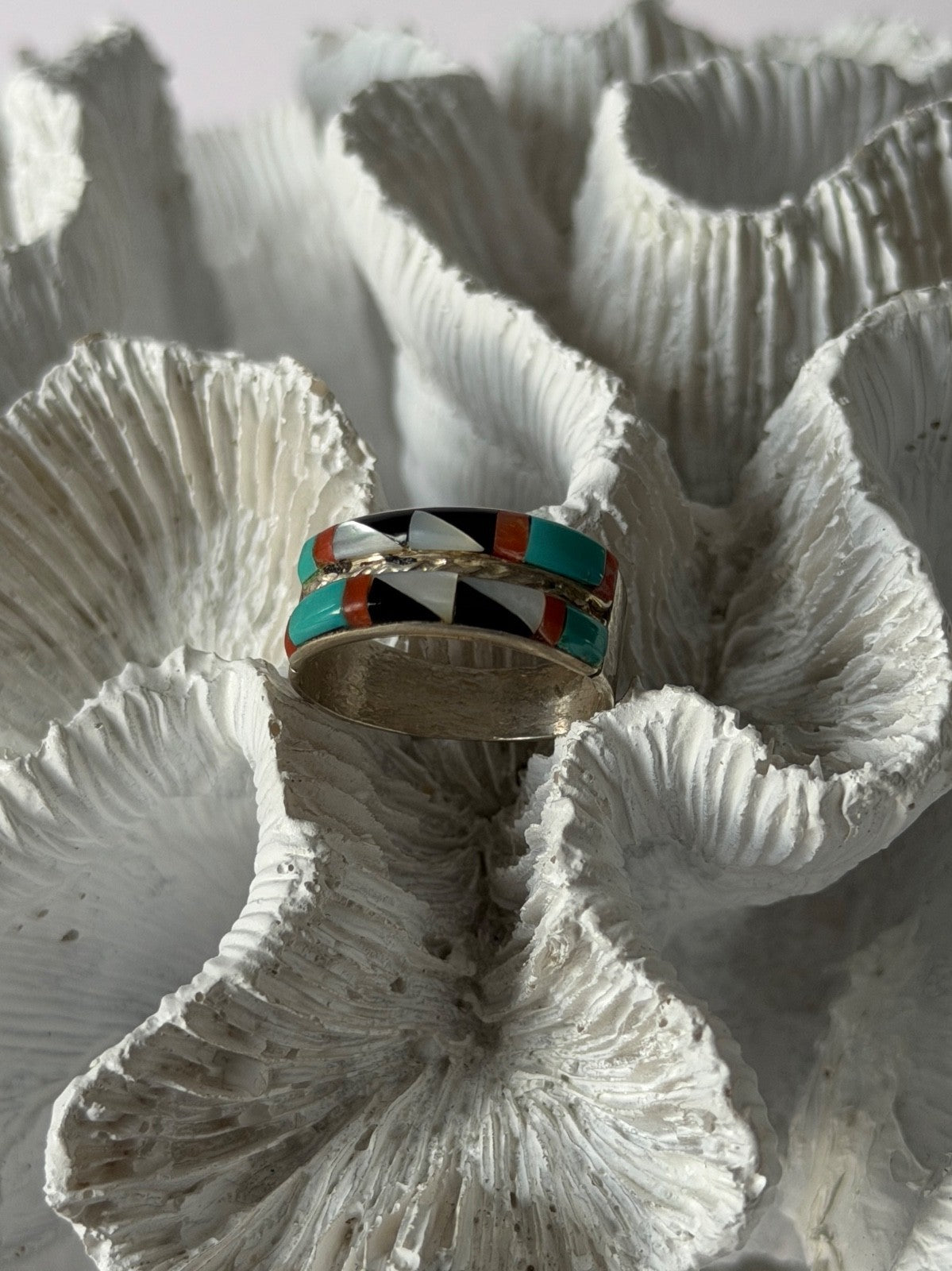 Zuni 925 Sterling Silver Multi-Stone Ring Size 8