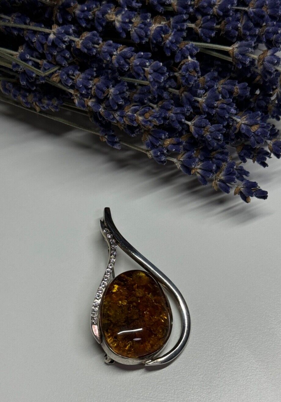 925 Sterling Silver Amber & CZ Brooch