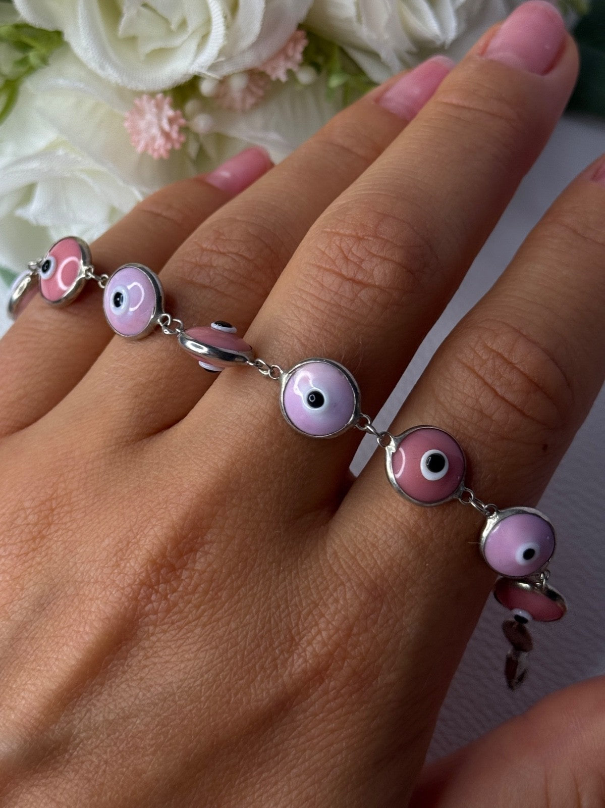 Ati 925 Sterling Silver Pink Evil Eye Bracelet Length 7 Inch