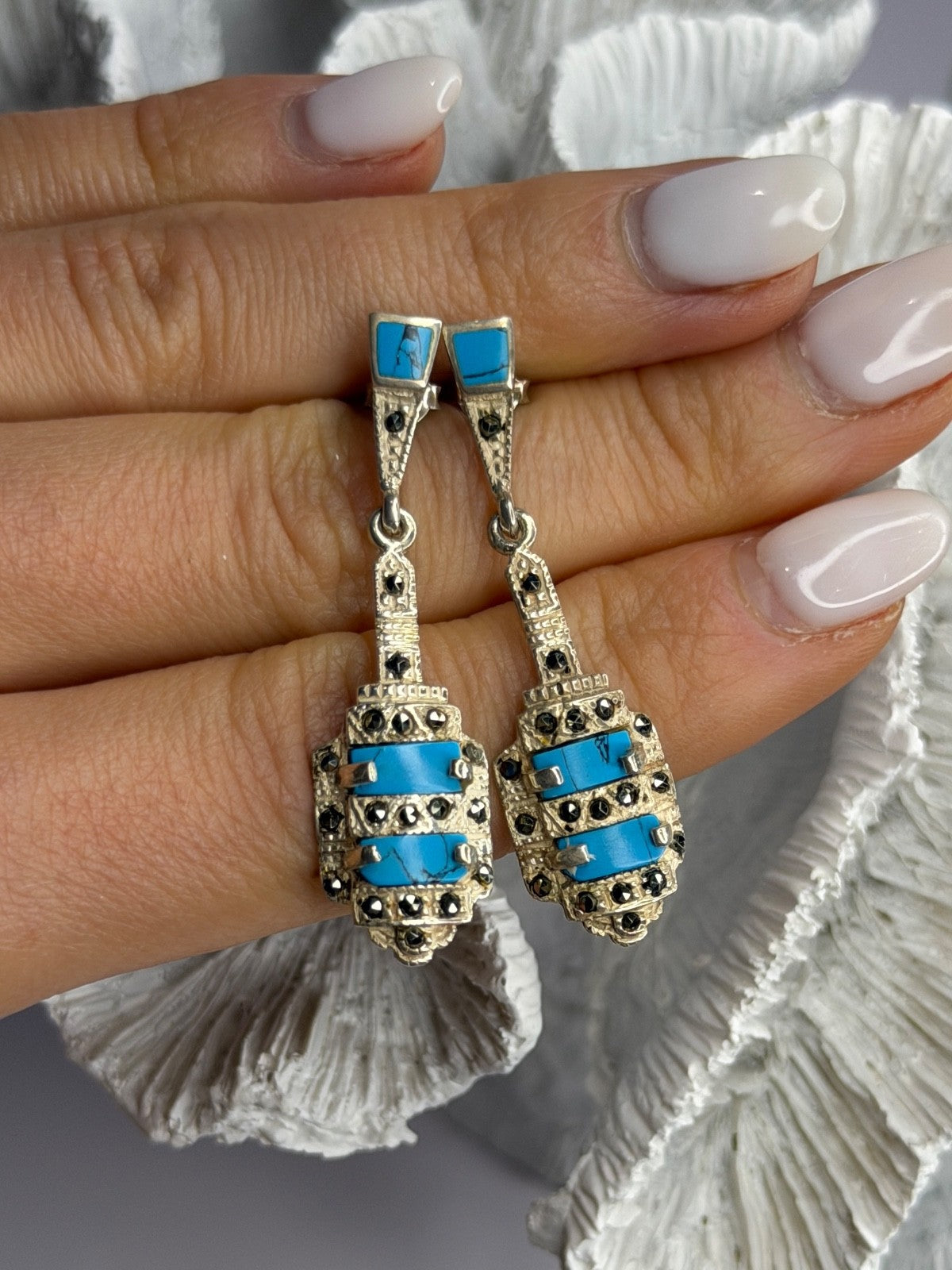 Vintage 925 Sterling Silver Turquoise & Marcasite Earrings