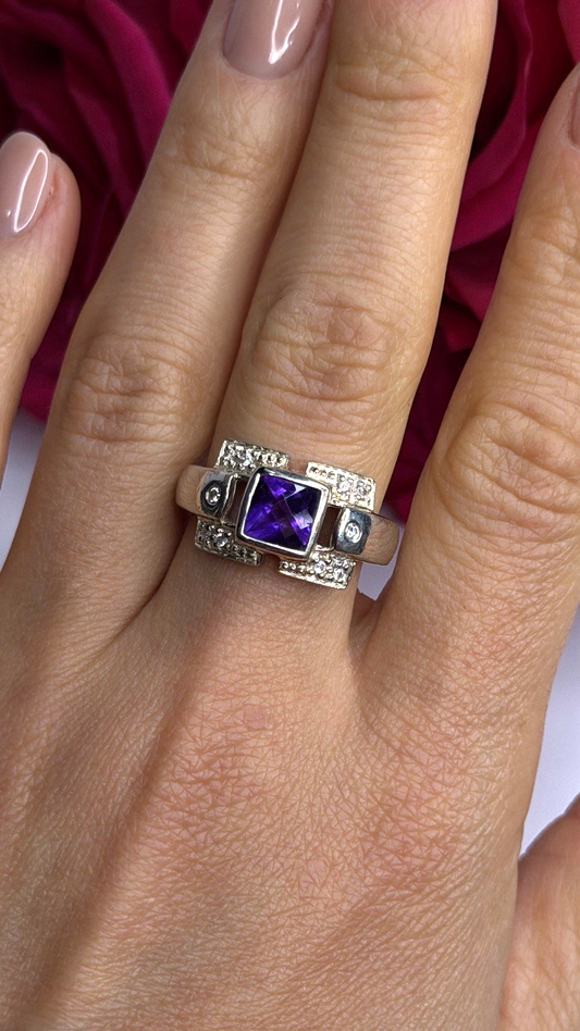 925 Sterling Silver Amethyst & Beryl Ring Size 9