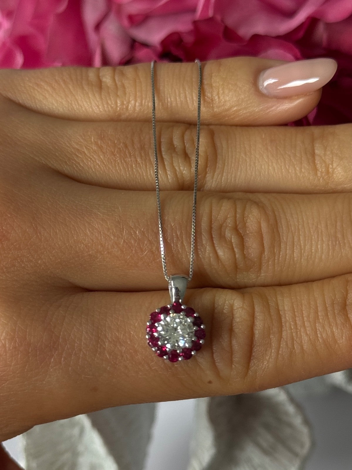 14K White Gold Diamond & Ruby Flower Necklace Length 18 inch