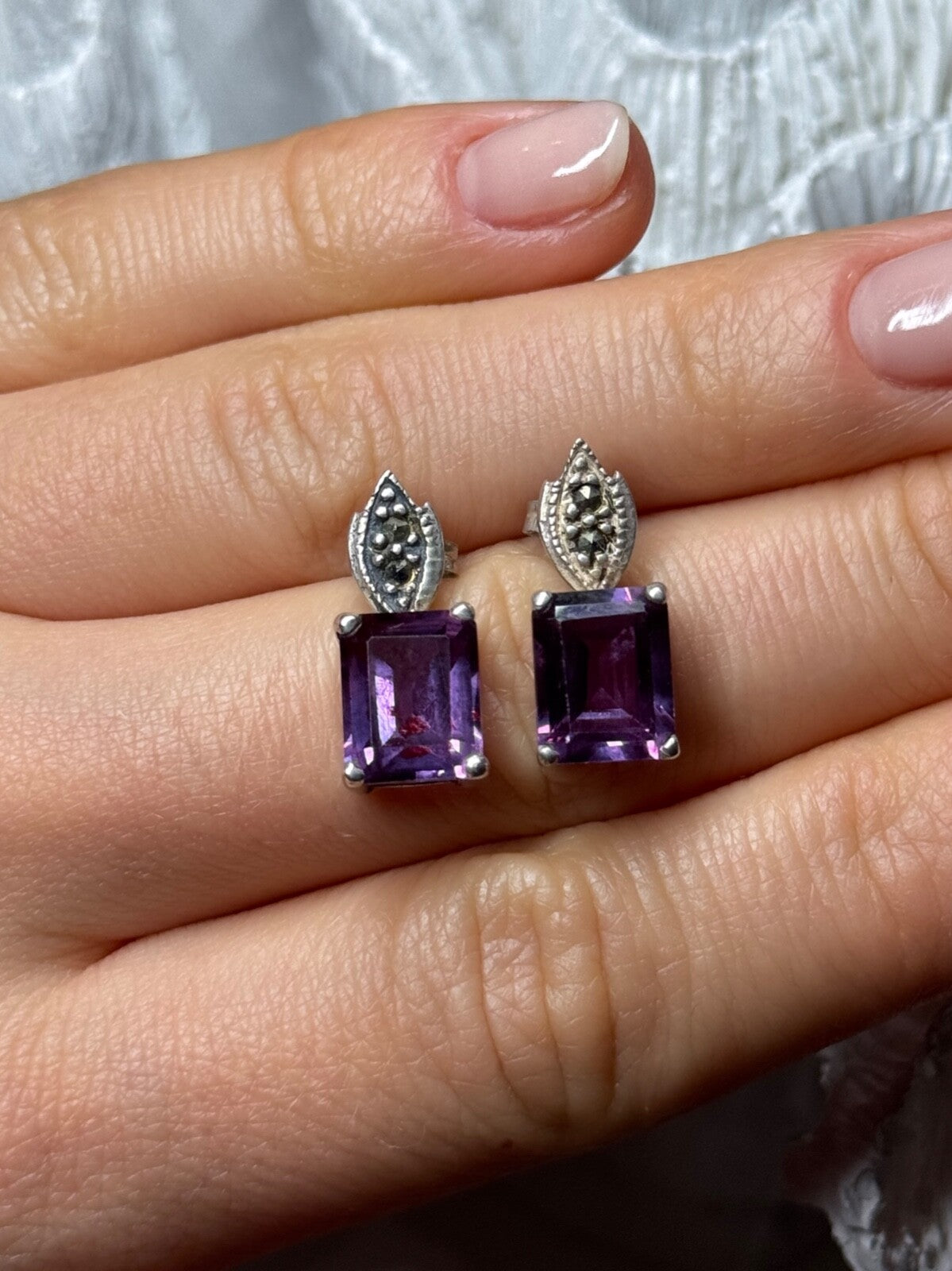 925 Sterling Silver Tourmaline & Marcasite Earrings Length 0.7 Inch